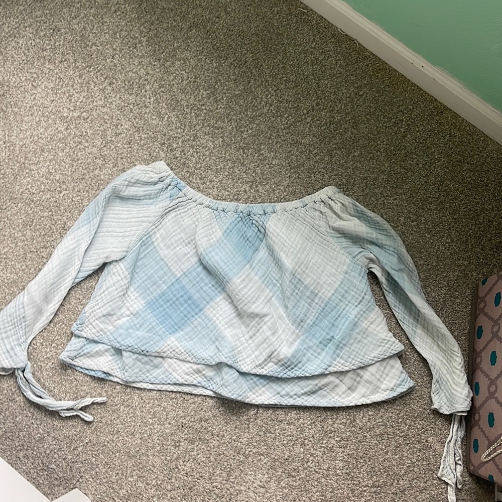 off the shoulder blue long sleeve